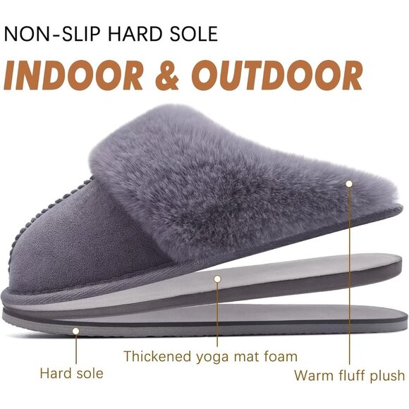 🆕Women Dark Grey Suede Fluff Dual Memory Foam Arch Support Warm Scuff Slipper - Picture 8 of 9